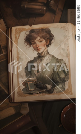 Illustration of a woman holding a cup, dressed in vintage clothing, with a book depicting her portrait 114668699