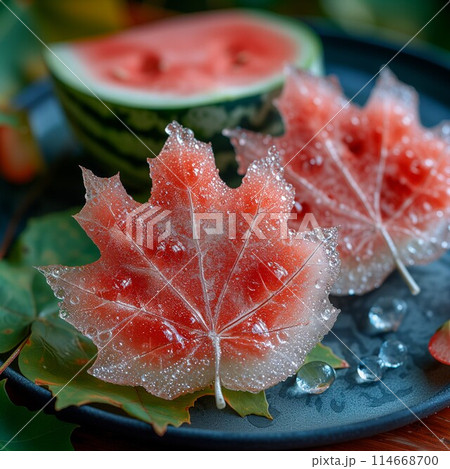 Maple leaf-shaped watermelon slices with glistening edges on a plate 114668700