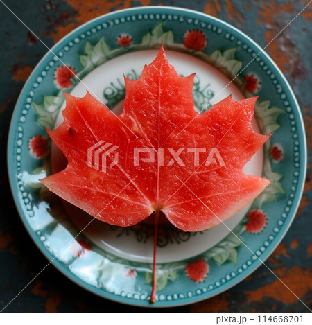 Abstract art of a maple leaf-shaped watermelon on vibrant plates 114668701