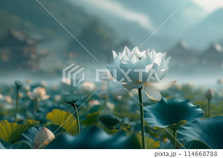 Row of white lotus flowers in full bloom and buds, with green leaves at the bottom 114668788