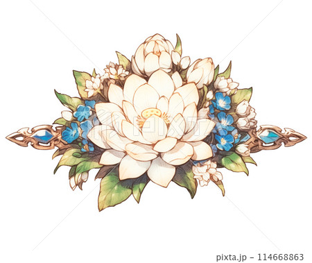 Row of white lotus flowers in full bloom and buds, with green leaves at the bottom 114668863
