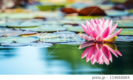 Row of white lotus flowers in full bloom and buds, with green leaves at the bottom 114668864