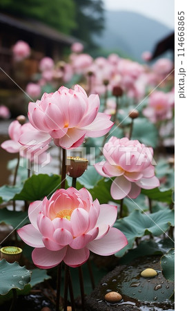Row of white lotus flowers in full bloom and buds, with green leaves at the bottom 114668865