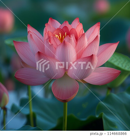 Row of white lotus flowers in full bloom and buds, with green leaves at the bottom 114668866