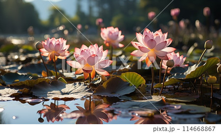 Row of white lotus flowers in full bloom and buds, with green leaves at the bottom 114668867