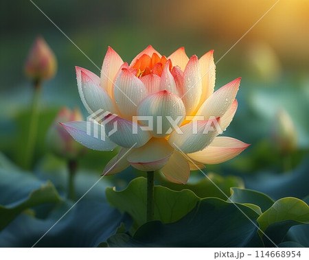 Collection of stylized lotus flowers and petals in shades of pink and red, showcasing various stages of blooming 114668954