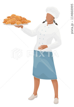 women African American character baker in uniform holding a plate with fresh croissants 114668995