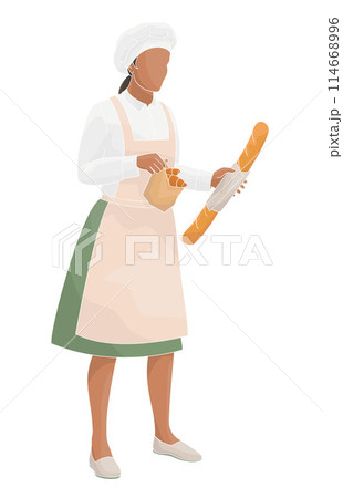 women baker in uniform holding paper bag with fresh croissants and baguette bread  female  African American character  114668996