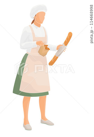 women baker in uniform holding paper bag with fresh croissants and baguette bread  female  character  114668998