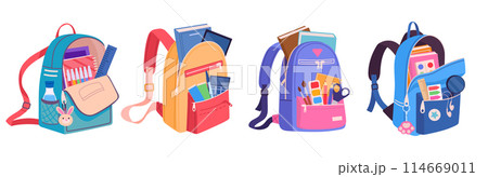 Cartoon school bags. Colorful school backpacks, cute school bags with school supplies and notebooks, textile kids backpacks flat vector illustration set. Multicolored backpacks collection Cartoon school bags. Colorful school backpacks, cute school bags with school supplies and notebooks, textile kids backpacks flat vector illustration set. Multicolored backpacks collection 114669011