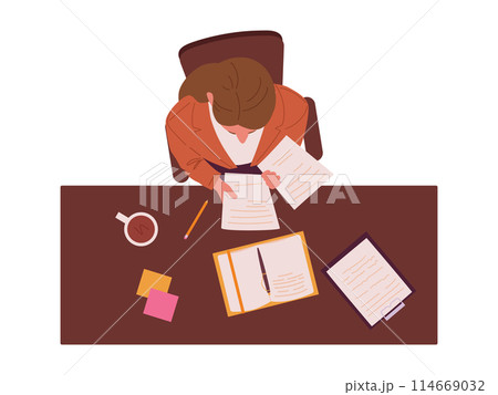 Teacher top view. School or college teacher sitting at desk in classroom view from above flat vector illustration. Teacher in classroom top view Teacher top view. School or college teacher sitting at desk in classroom view from above flat vector illustration. Teacher in classroom top view 114669032