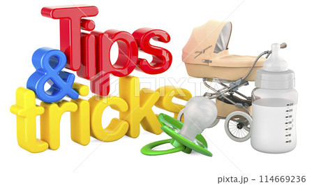 Newborn Care Tips and Tricks, parenting tips. Inscription with baby bottle, pacifier and carriage. 3D rendering Newborn Care Tips and Tricks, parenting tips. Inscription with baby bottle, pacifier and carriage. 3D rendering 114669236