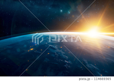 sun shining behind the earth from space. Generative AI 114669365