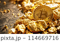 Bitcoin and gold nuggets. Modern way of exchange. Global economy market. Digital currency Bitcoin. Modern virtual currency.  Generative AI 114669716
