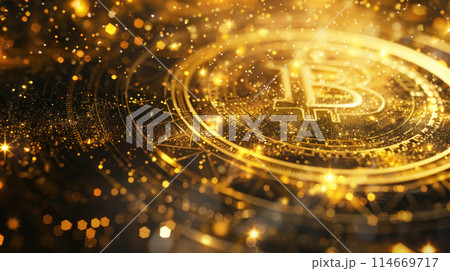 Digital currency Bitcoin on golden background. Modern virtual currency. Revolutionary digital crypto coins. Future money. Generative AI Digital currency Bitcoin on golden background. Modern virtual currency. Revolutionary digital crypto coins. Future money. Generative AI 114669717