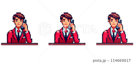 Pixel Art Character Holding Phone Wearing Red Suit with Tie, Office Worker Pixel Art Character Holding Phone Wearing Red Suit with Tie, Office Worker 114669817