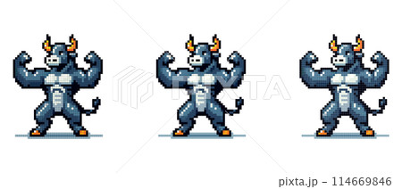 A pixelated bull with strong, inflated arms, symbolizing the strength and growth of the market 114669846