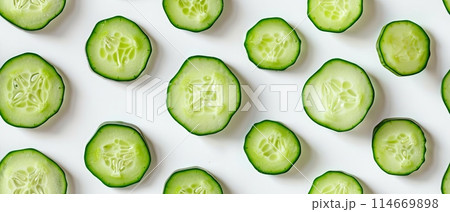 Ahealthy snack option, cucumber slices arranged on a white background, showcasing fresh, green, crunchy textures ideal for salads or garnishes. 114669898