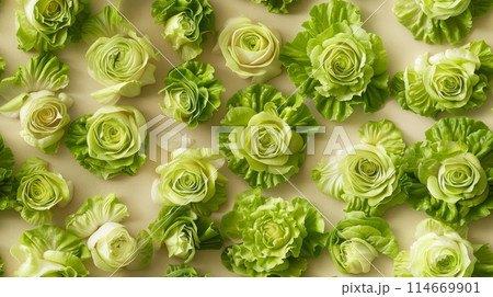 Beautiful pattern of fresh green heads of lettuce arranged in a symmetrical layout, capturing the vibrant texture and natural freshness. Beautiful pattern of fresh green heads of lettuce arranged in a symmetrical layout, capturing the vibrant texture and natural freshness. 114669901