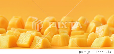 Close-up of fresh, juicy mango pieces on a bright orange background, showcasing the vibrant color and delicious textures of tropical fruit. 114669913