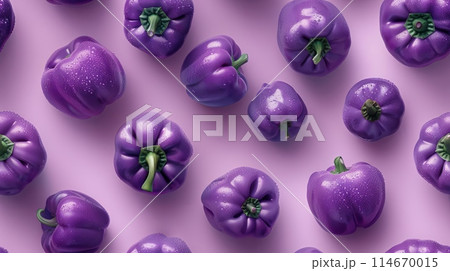 A collection of vibrant purple bell peppers scattered on a matching pastel purple background, creating a visually pleasing composition. 114670015