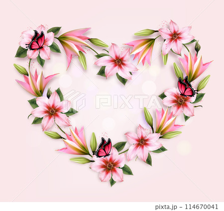 Holiday background with colorful flowers shaped heart and butterflies. Vector. Holiday background with colorful flowers shaped heart and butterflies. Vector. 114670041