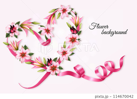 Flower holiday background with colorful flowers shaped heart and butterflies. Vector. Flower holiday background with colorful flowers shaped heart and butterflies. Vector. 114670042
