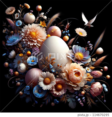 A white Easter egg is creatively placed among blooming flowers against a black background, showcasing a beautiful combination of art, nature and organic organisms 114670295