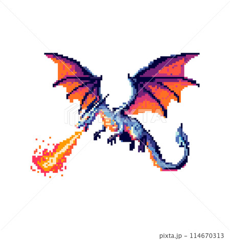 Pixel dragon breathing fire with blue body and wings Pixel dragon breathing fire with blue body and wings 114670313