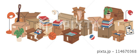 Boxes with moving stuff. Cardboard boxes full of books and clothes, stacked carton boxes flat vector illustration. House moving boxes on white Boxes with moving stuff. Cardboard boxes full of books and clothes, stacked carton boxes flat vector illustration. House moving boxes on white 114670368