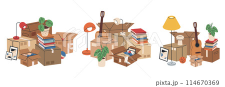 Cardboard boxes full of moving stuff. Carton boxes with books and clothes, stacked carton boxes flat vector illustration set. New house moving boxes 114670369
