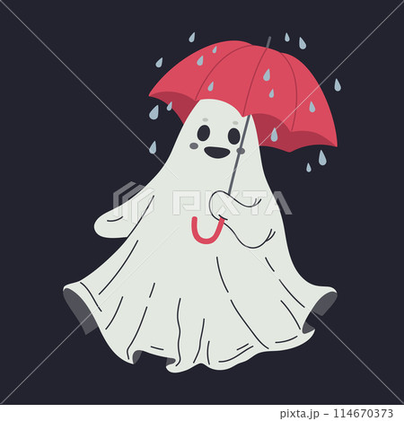 Ghost with red umbrella. Cute Halloween ghost in rainy weather, cheerful flying phantom character flat vector illustration. Hand drawn Halloween ghost Ghost with red umbrella. Cute Halloween ghost in rainy weather, cheerful flying phantom character flat vector illustration. Hand drawn Halloween ghost 114670373