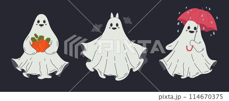 Halloween ghosts. Cute ghosted spooky spirits, cheerful phantoms, spooky night shadows flat vector illustrations set. Cartoon ghosts 114670375