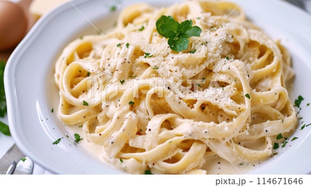 Creamy pasta adorned with Parmesan cheese, an irresistible delight, Ai Generated. 114671646