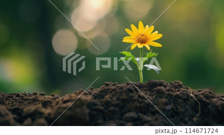A single yellow flower emerges from a humble dirt mound, nature's vibrant resilience, Ai Generated 114671724