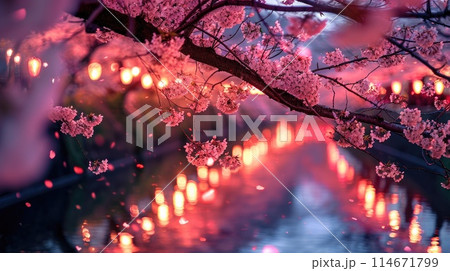Cherry blossoms illuminate a night-time festival, creating a magical and enchanting atmosphere, Ai Generated. 114671799