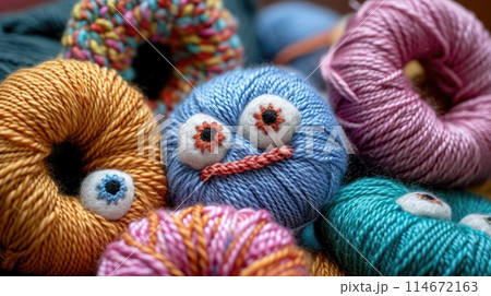 A close-up view of a collection of yarn and knitted donuts with expressive eyes, blending creativity and whimsy in a charming composition, Ai Generated. 114672163