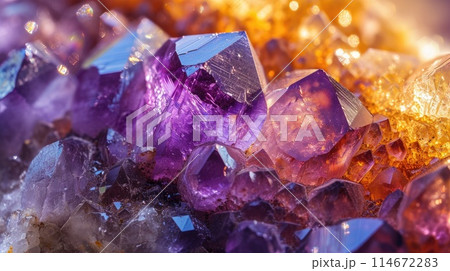 Close-up of a colorful crystal geode, showcasing vibrant hues and intricate formations. Ai Generated 114672283