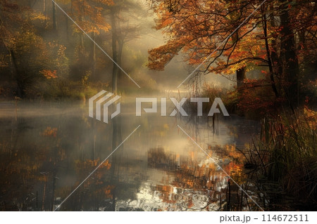 Misty Autumn Morning by a Tranquil Forest Lakeのイラスト素材 [114672511] - PIXTA