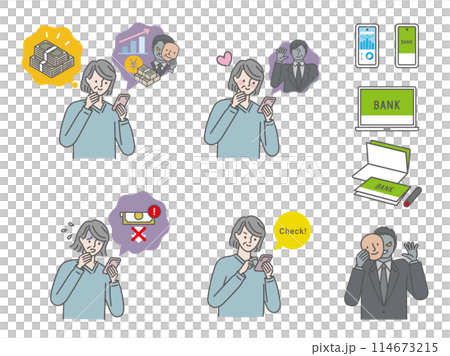 SNS投資：シニア女性の詐欺被害イラストアイコンセット 114673215