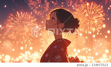 浴衣姿で花火を見る可愛い女の子　AI 114673321