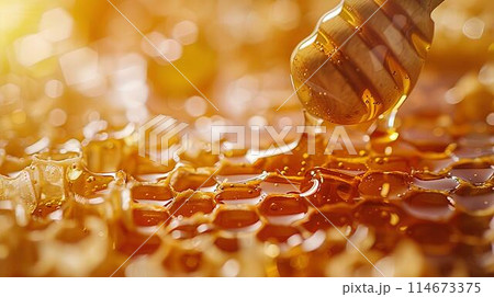 Honey dripping from the wooden honey dropper over thick golden honeycomb on a blurred background. A close up view of the natural organic sweet product. 114673375