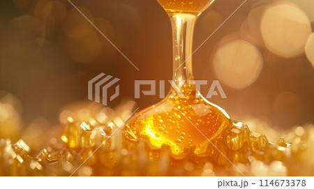 Honey dripping from the wooden honey dropper over thick golden honeycomb on a blurred background. A close up view of the natural organic sweet product. 114673378