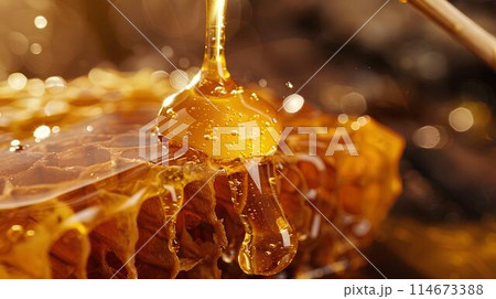 Honey dripping from the wooden honey dropper over thick golden honeycomb on a blurred background. A close up view of the natural organic sweet product. 114673388