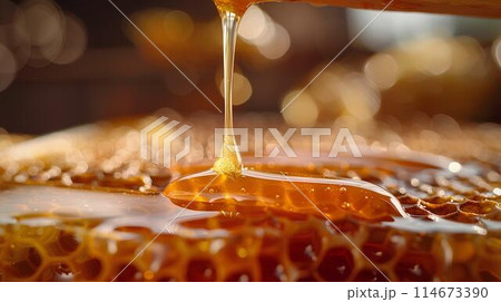 Honey dripping from the wooden honey dropper over thick golden honeycomb on a blurred background. A close up view of the natural organic sweet product. 114673390