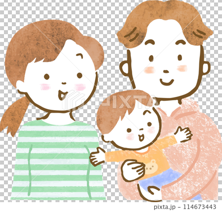 Upper body hand-drawn illustration of a family of three with one child (boy) 114673443