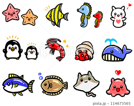水族館にいるかわいい生き物のアイコンイラストセット 114673565