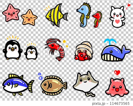 水族箱裡可愛生物的圖標插圖集 114673565
