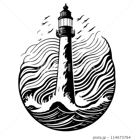 Lighthouse in the middle of the sea illustration draw  114673764