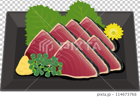 Seared bonito on a square plate 114673768